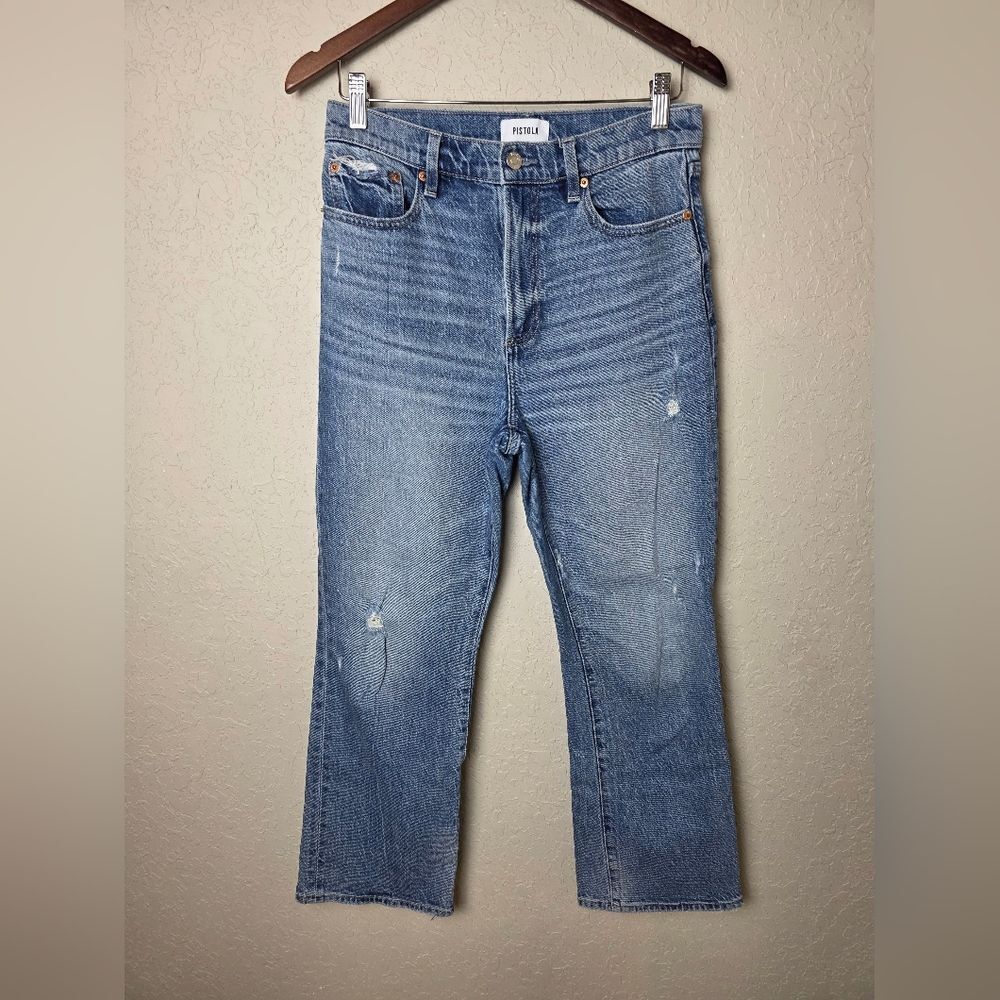 Pistola Bobbie High Rise Destroyed Straight Leg Jeans Medium Wash Size 28